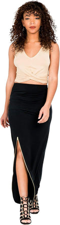 Curvy Women'S Black Stretch Maxi Skirt with Zip up Split