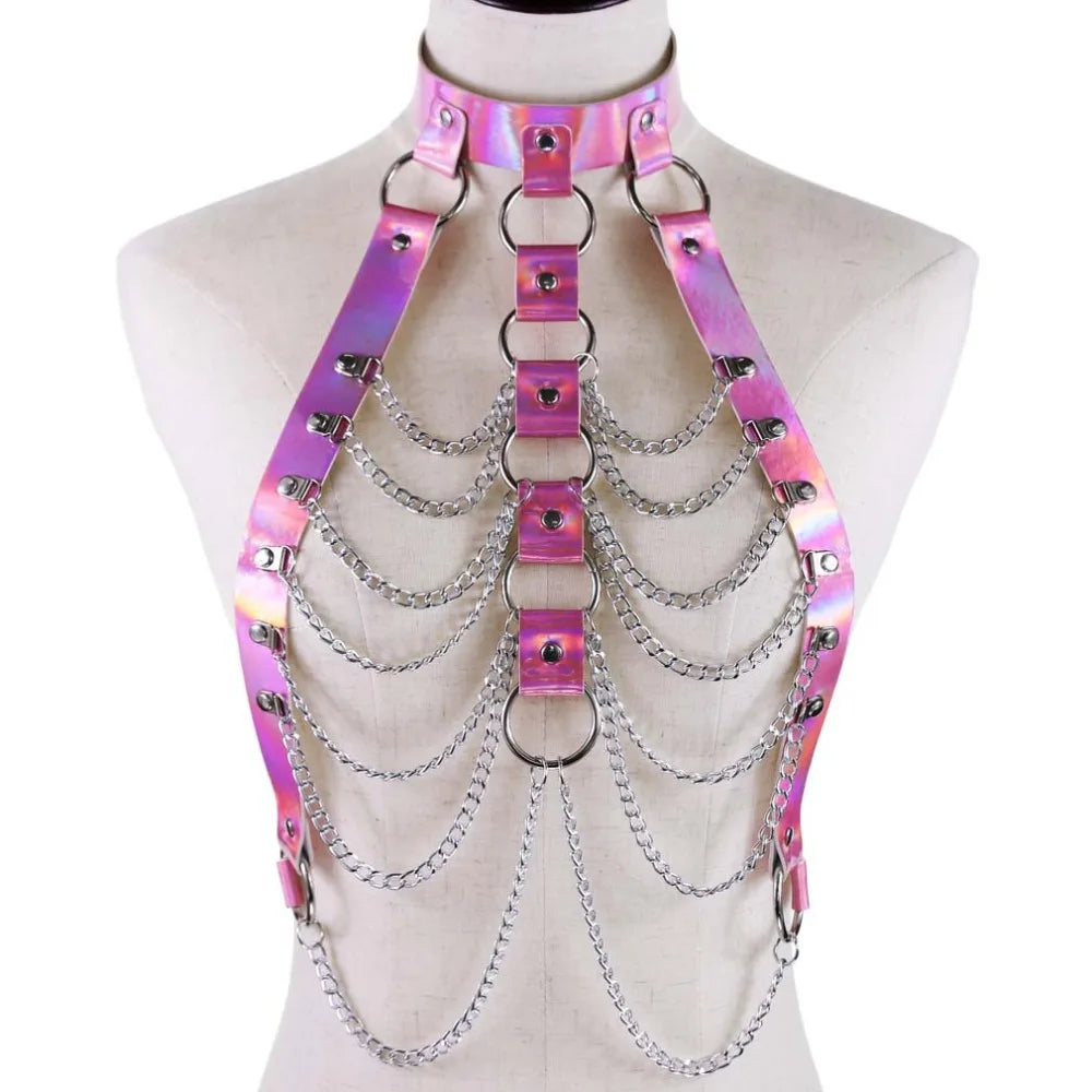 Holographic Leather Body Chain Harness Top Punk Women Holo Rainbow Waist Jewelry Festival Rave Outfit