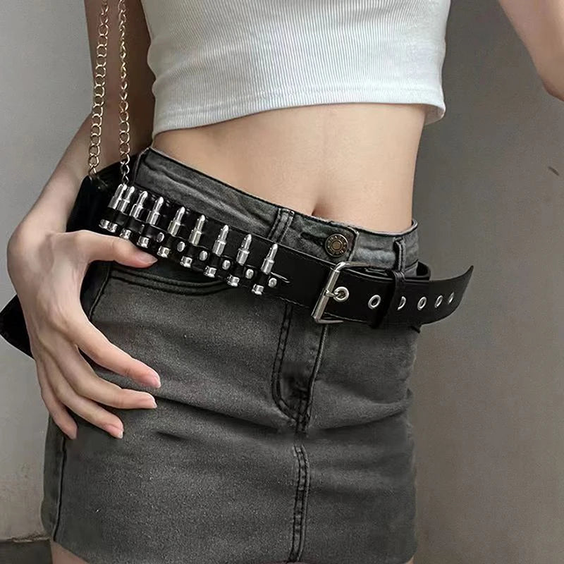 Rivet Hollow Bullet Decoration Belt Leather Studded Goth Rock Wild Adjustable Women Punk Black Belt
