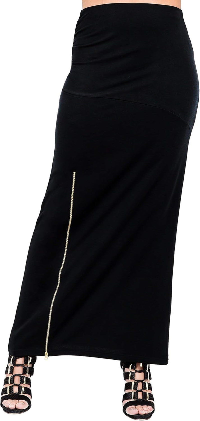 Curvy Women'S Black Stretch Maxi Skirt with Zip up Split