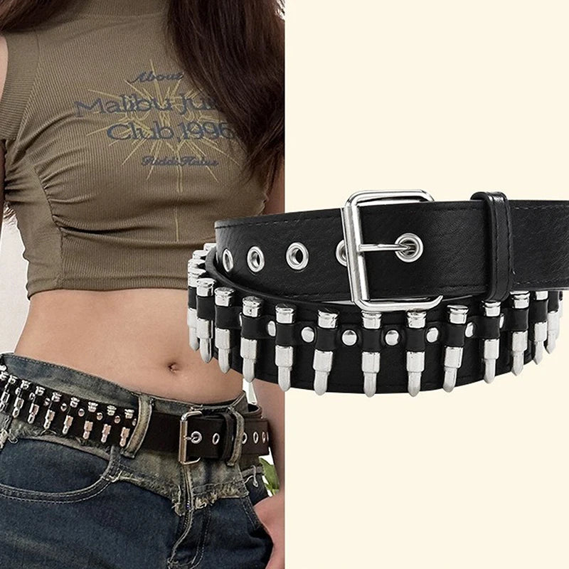 Rivet Hollow Bullet Decoration Belt Leather Studded Goth Rock Wild Adjustable Women Punk Black Belt