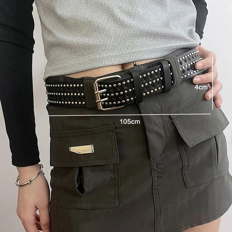 Rivet Hollow Bullet Decoration Belt Leather Studded Goth Rock Wild Adjustable Women Punk Black Belt