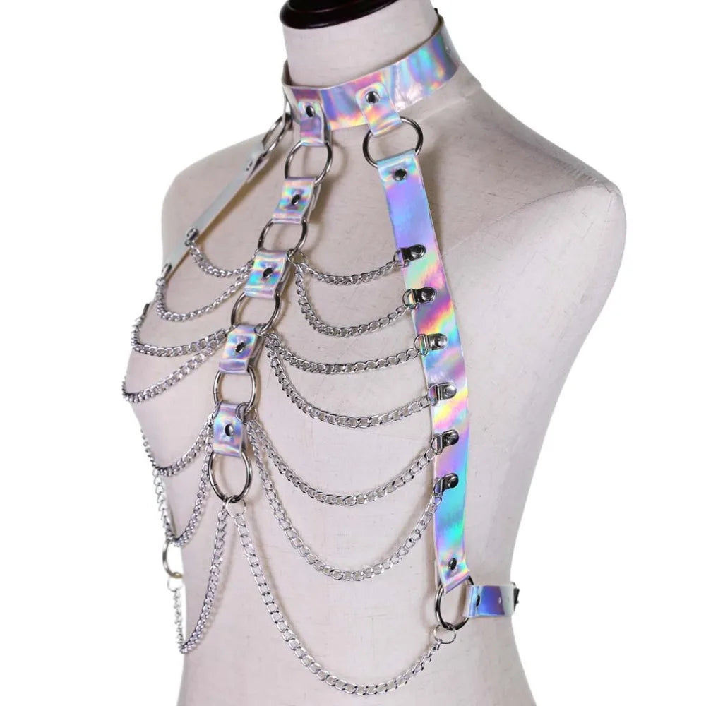 Holographic Leather Body Chain Harness Top Punk Women Holo Rainbow Waist Jewelry Festival Rave Outfit