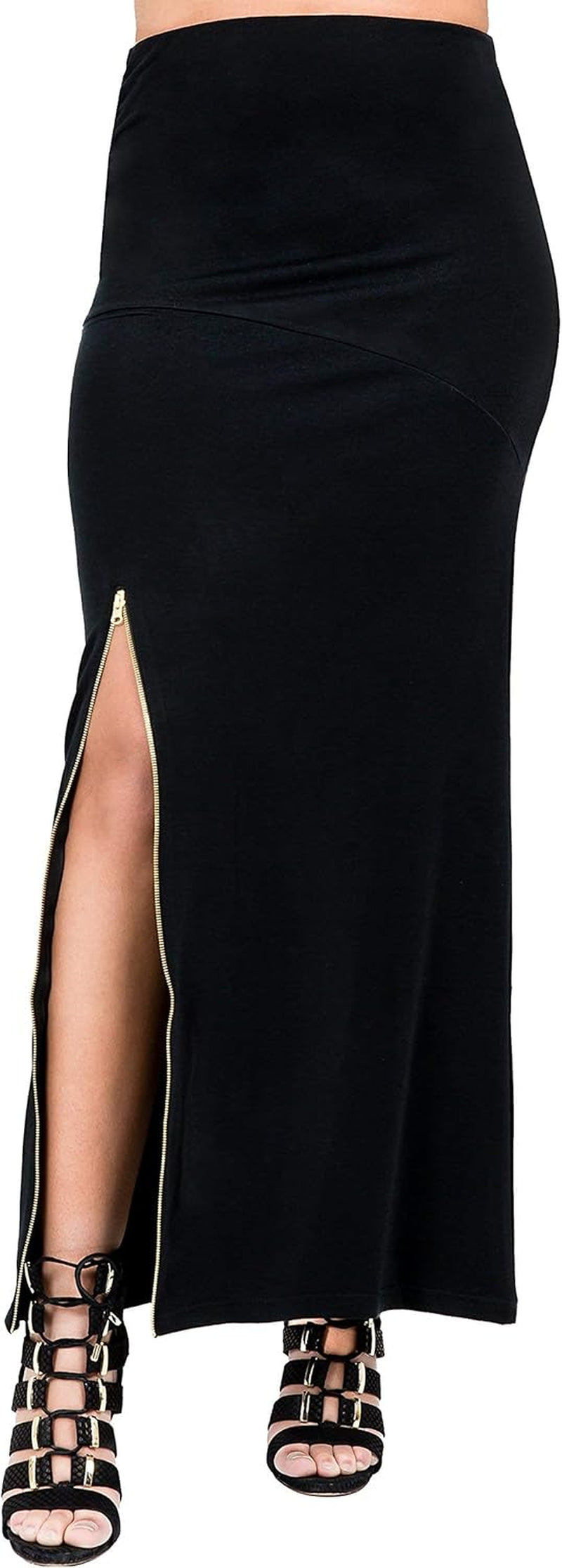 Curvy Women'S Black Stretch Maxi Skirt with Zip up Split