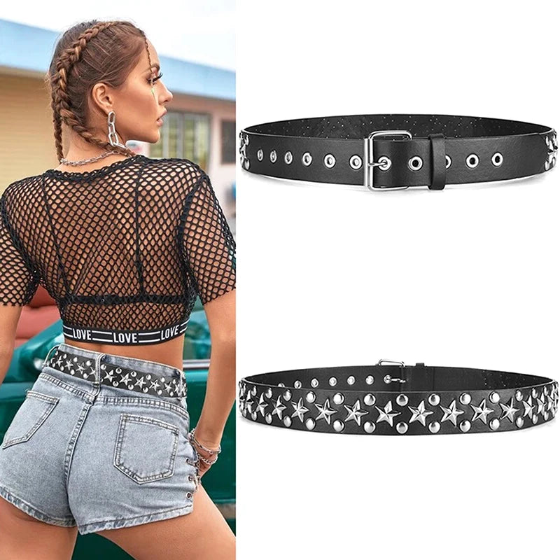 Rivet Hollow Bullet Decoration Belt Leather Studded Goth Rock Wild Adjustable Women Punk Black Belt