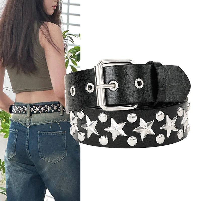 Rivet Hollow Bullet Decoration Belt Leather Studded Goth Rock Wild Adjustable Women Punk Black Belt