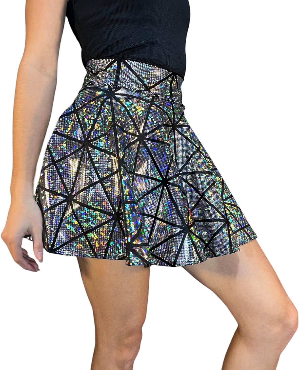 Holographic Silver Glass Pane Skater Skirt | Geometric Sparkly Mini Skirt